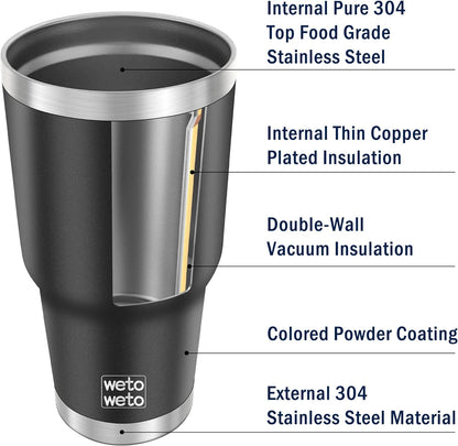 WETOWETO 30 oz Insulated Tumbler With 2 Lids and 2 Straws, Stainless Steel Double Vacuum Coffee Tumbler Cup, Powder Coated Travel Mug for Home, Office, Travel, Party (Black, 1 Pack)