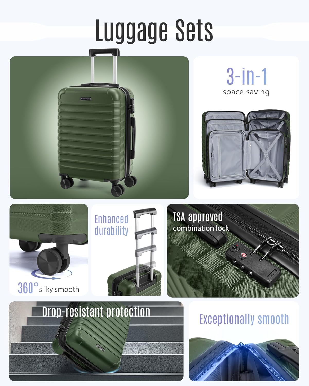 LIGHT FLIGHT Luggage Sets, 3 Piece Durable Suitcase Set with Spinner Wheels, 3 Pcs Hardside Lightweight luggage with TSA Lock, Large Checked Travel Suitcases, 20/24/28 Inch, Pine Green