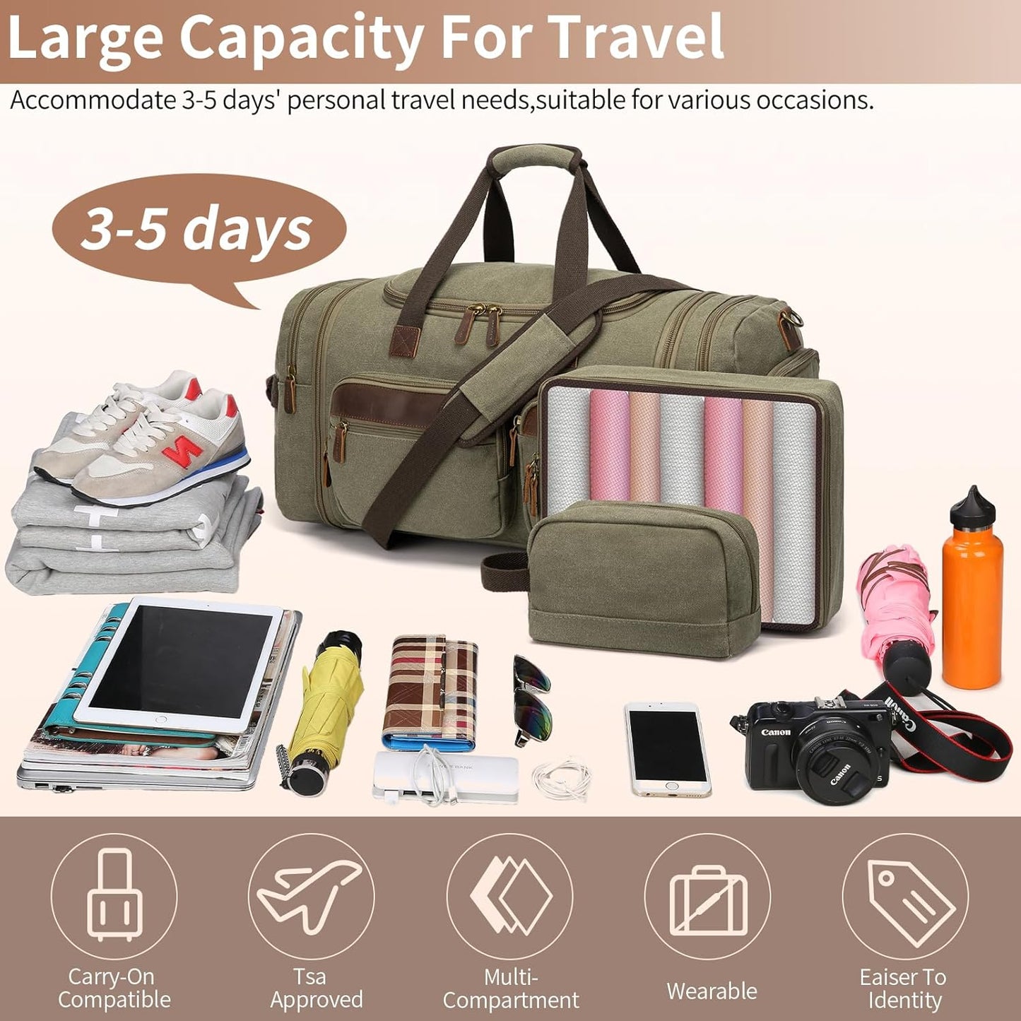 Mens Duffle Bag for Travel 60L Expandable Canvas Weekender Overnight Travel Duffel Bag with Shoe Compartment Carry-On for Airplanes Army Green