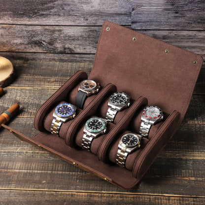 Genuine Leather Watch Roll Travel Case,Vintage Full Grain Leather Watch Box with Pillow for Men,Watch Storage Organizer for Home Storage,Travel Watch Organizer Box (6 Slots)