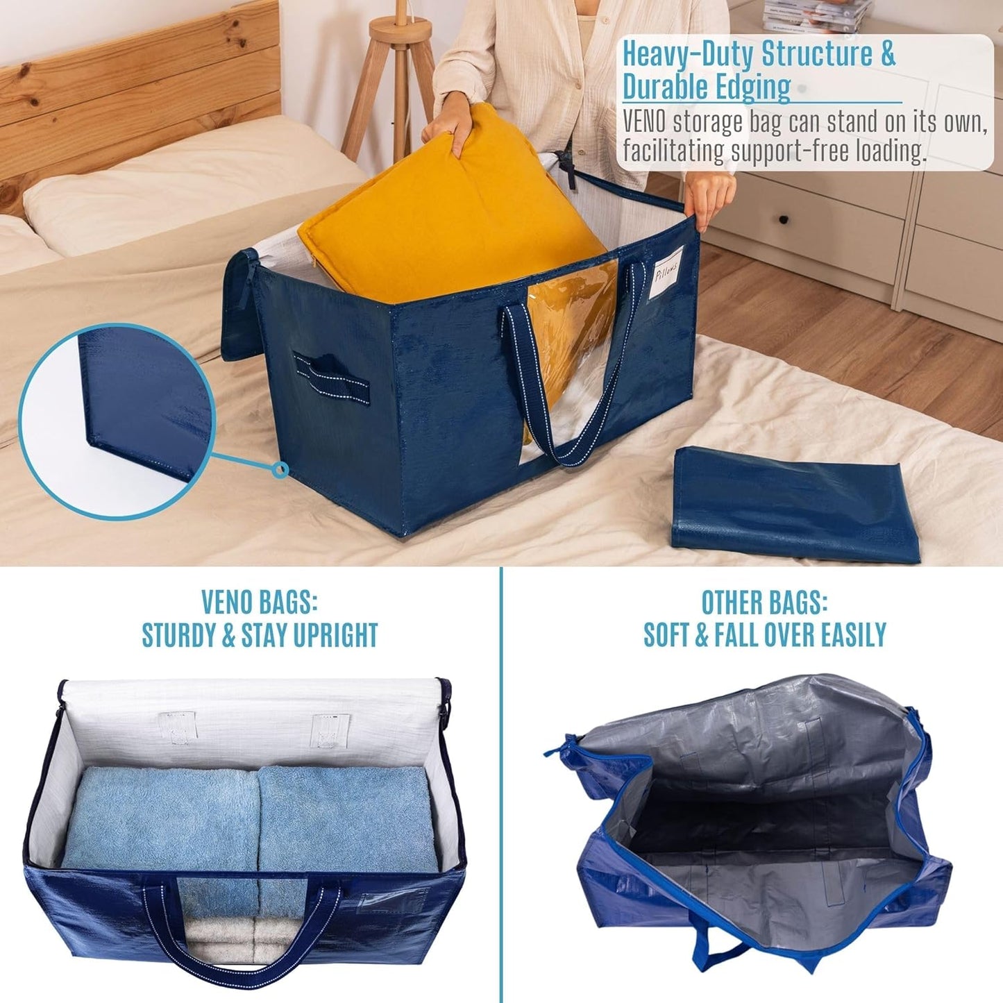 VENO 8 Pack Moving Bags, Comforter and Blanket Storage Bags for Closet, Moving Boxes, Boxes with Lids Alternative, College Dorm Packing Supplies, Foldable Heavy-Duty Tote with Window (Blue, 8 Pack)