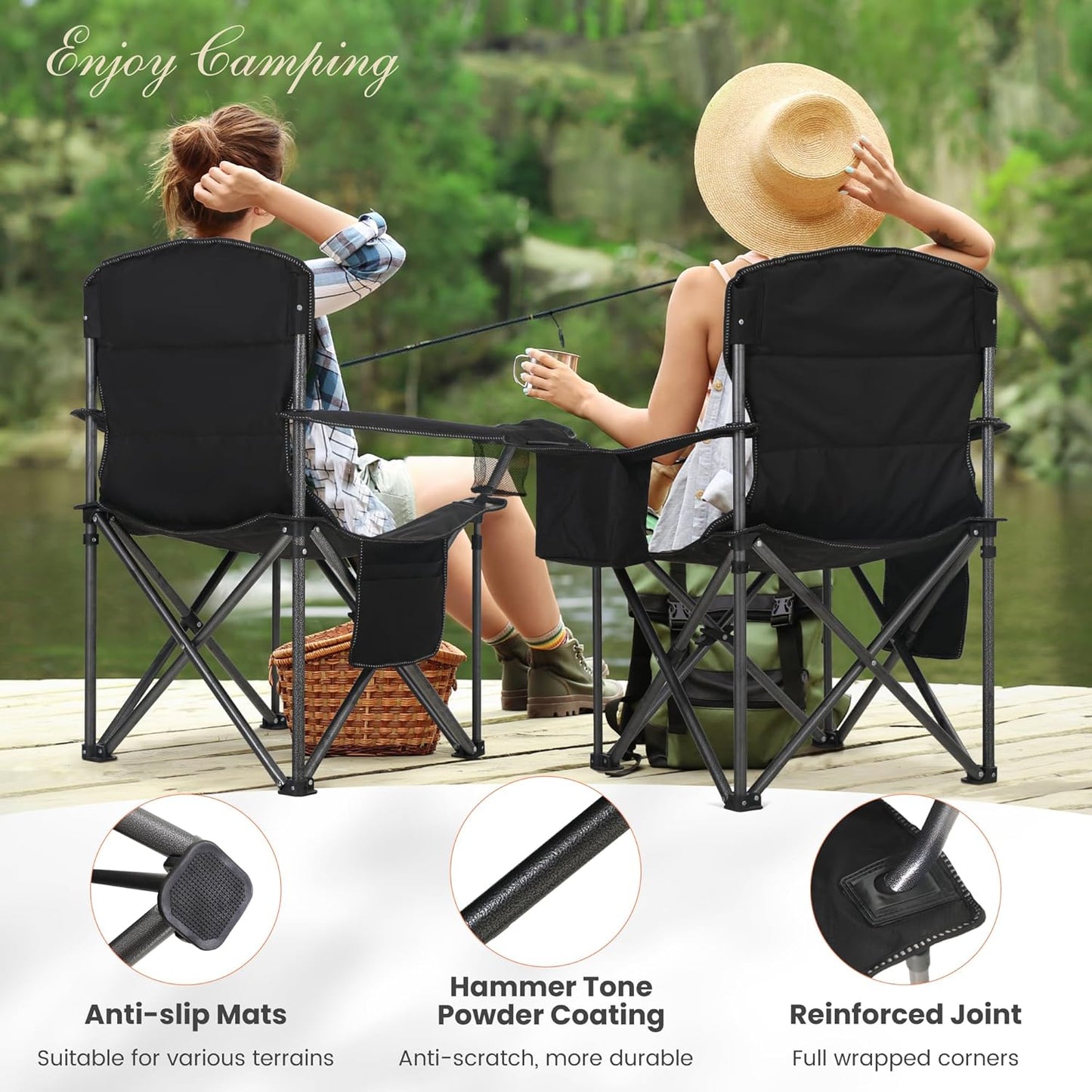 HIGH POINT SPORTS Oversized Portable Camping Folding Chair, Heavy Duty Foldable Outdoor Chair, Camp Chair with Cup Holder and Cooler Bag Support 450 LBS, Black…