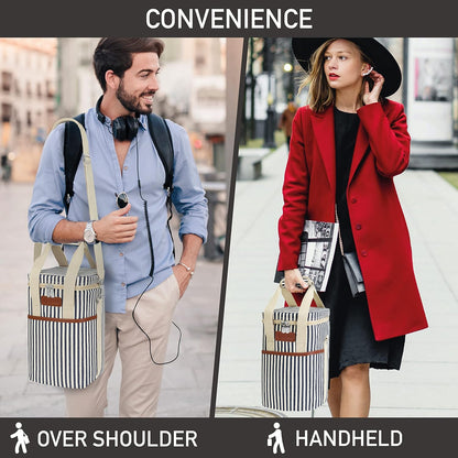 Opux 4 Bottle Insulated Wine Cooler Bag - Portable, Leakproof Padded Carrier for Travel, Picnic, BYOB - Navy White Stripe