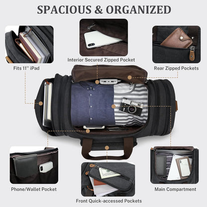 Gonex Canvas Duffle Bag for Travel 50L Expandable Duffel Weekend Overnight Bag men (Dark Gray)