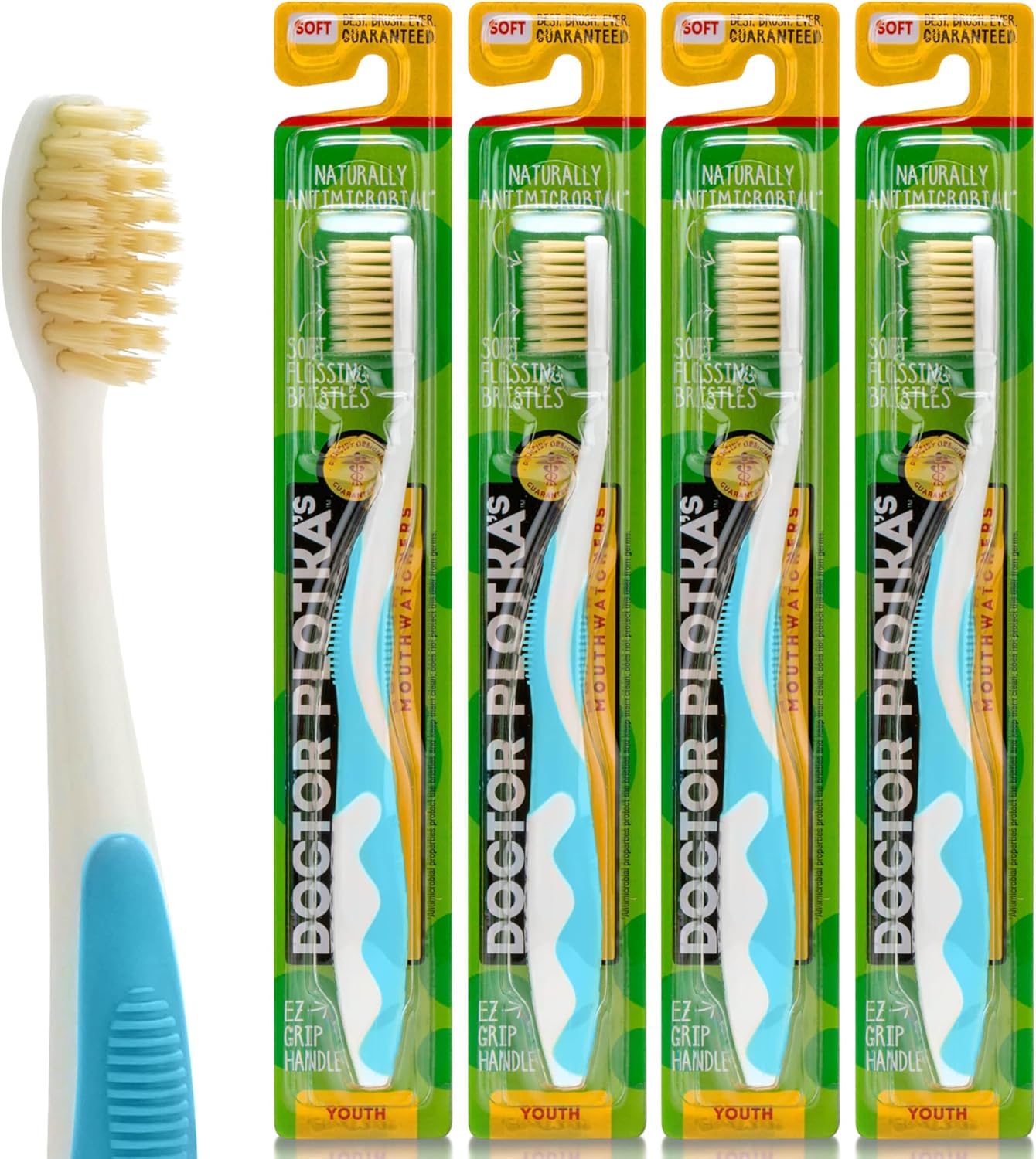 MOUTHWATCHERS Soft Childrens Flossing Manual Toothbrush, Value Pack of 4, Blue, Toothbrushes for Kids & Teens, Ultra Clean, by Dr. Plotka's