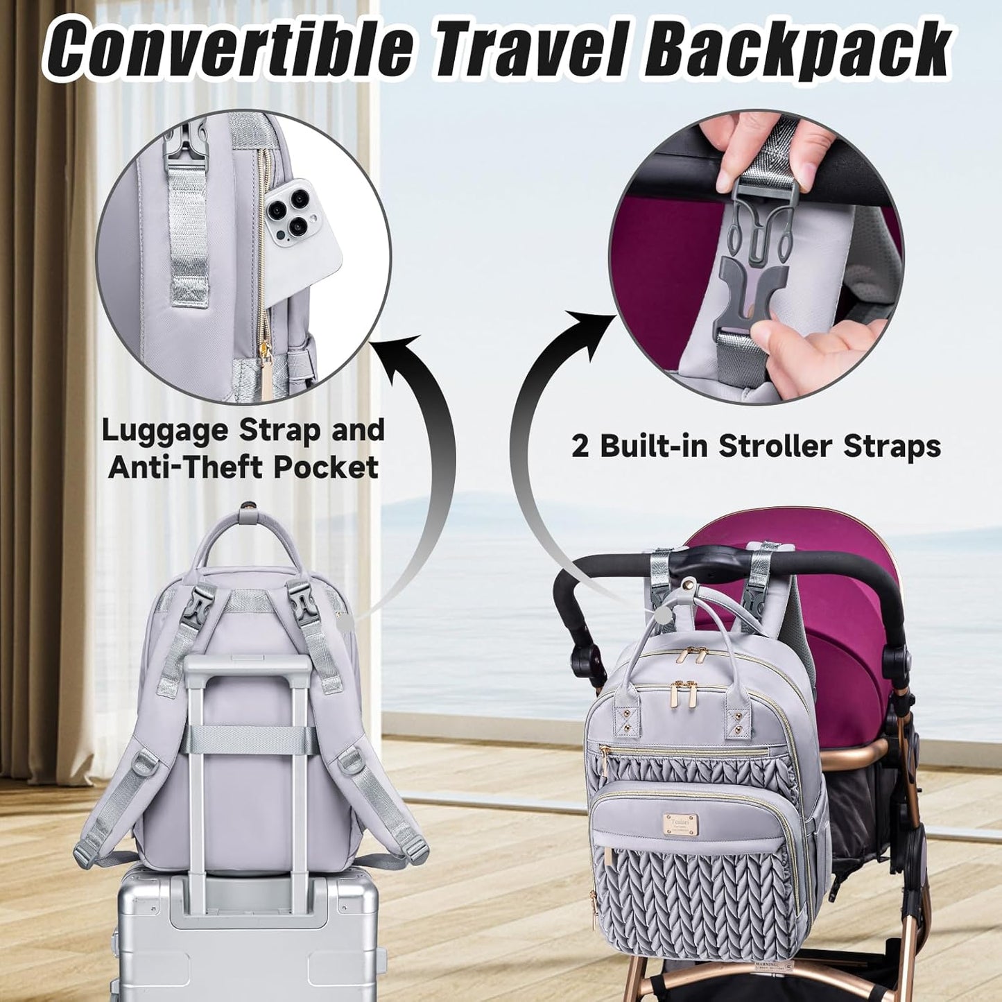 Diaper Bag Backpack,Stylish Baby Diaper Bag,Waterproof Travel Diaper Backpacks Baby Bags with Changing Pad,Stroller Straps,Insulated Pockets (Gray)