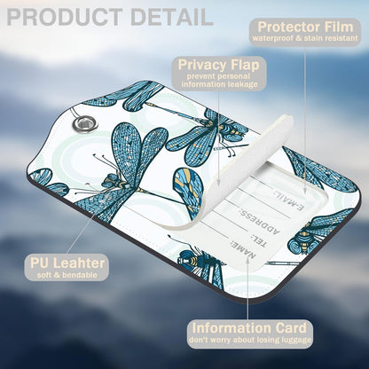 2 Pack Luggage Tags for Suitcases Vintage Blue Dragonflies Leather Luggage Tags Privacy Cover ID Label with Stainless Steel Loop and Address Card for Women Men Travel Bag Backpack