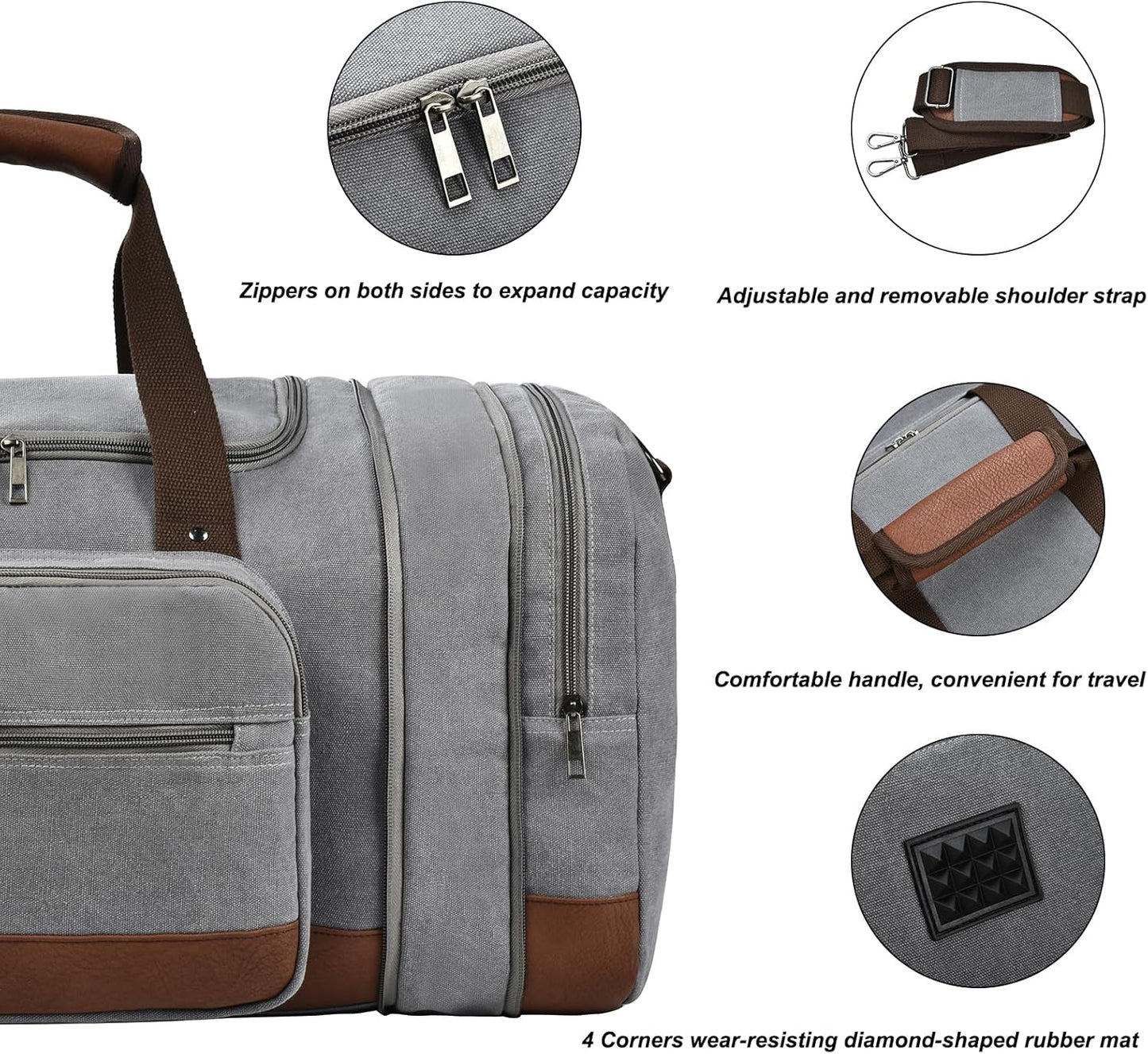 Litvyak Duffle Bag for Travel, 50L Canvas Travel Duffel Bags Overnight Weekend Gym Carry On Luggage Bag for Men & Women(Grey+Toiletry Bag)