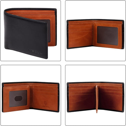 VISOUL Mens Bifold Wallet with 2 ID Windows and 2 Money Compartments, Genuine Leather Designer Wallet with RFID Blocking, Stylish Two-tone Back Wallet for Men (Black and Orange)