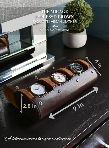 Watch Travel Case for Men Watch Roll for Travel Organizer and Display Watch Case - Swiss Espresso Vegan Leather Watch Case