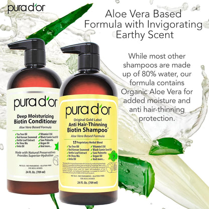 PURA D'OR Anti-Thinning Biotin Shampoo & Deep Moisturizing Conditioner Original Gold Label Set (24oz x2) Natural Earthy Scent, CLINICALLY TESTED Effective Results, Hair Thickening Product, Women & Men