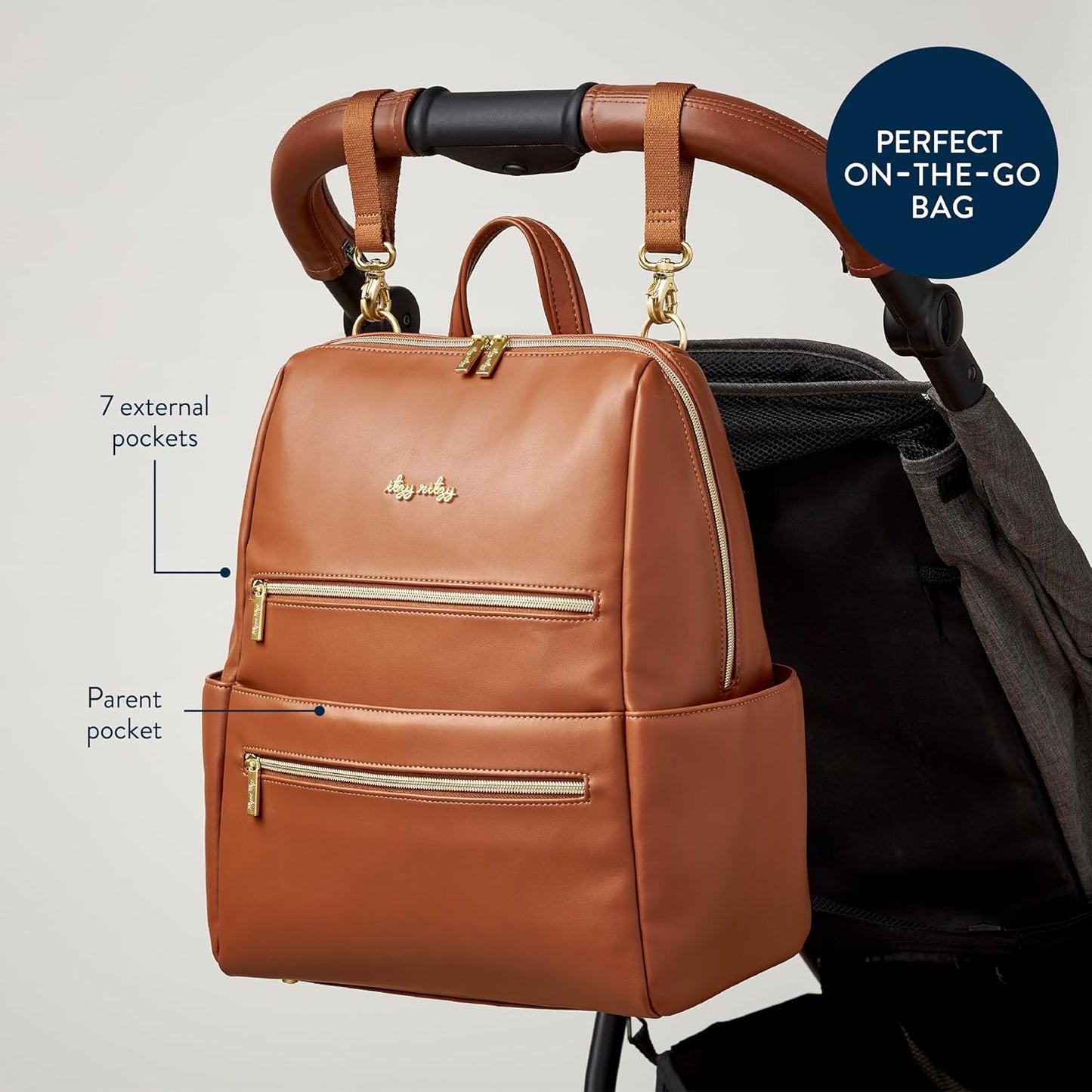 Itzy Ritzy Eras Diaper Bag Backpack – Large Capacity Backpack Diaper Bag Featuring Sleek Design, 15 Pockets, Changing Pad, Stroller Straps, and Luggage Sleeve (Cognac)