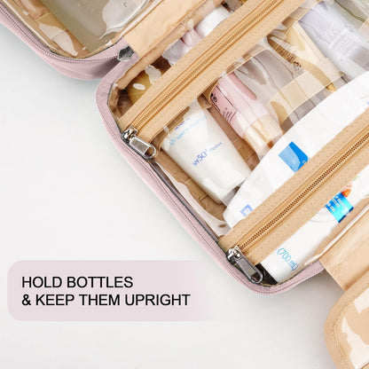 Travel Hanging Toiletry Bag for Women and Men, with 8 Leak Proofing Silicone Bottle Covers, Waterproof Makeup Accessories, Cosmetic Essentials, Cruise Ship Toiletries Bag with Jewelry Organizer, Pink