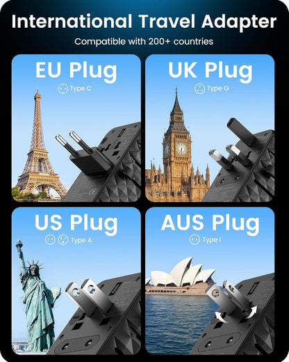 LENCENT 85W Universal Travel Power Adapter with Retractable USB C Cable, GaN International Travel Adapter with 1 USB-A & 3 Type C Fast Charging, Worldwide Plug Adaptor for US to EU UK Type C/G/A/I