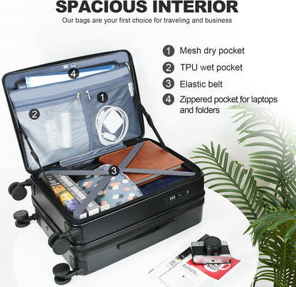 KROSER Carry On Luggage with Spinner Wheels & Built-in TSA Lock, Expandable Top Loading Hard Shell Suitcase Large Capacity Durable Rolling Luggage with USB Port, Carry-On 20-Inch, Black