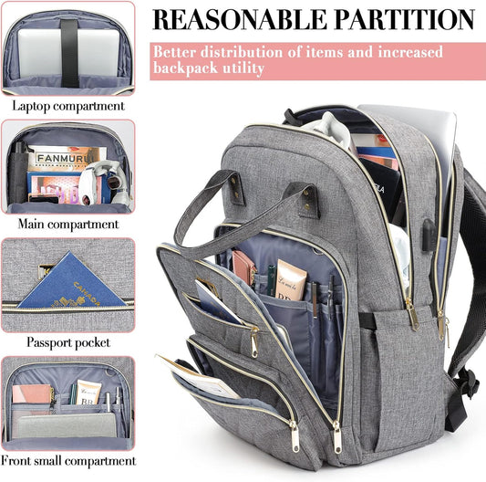 Travel Backpack for Women, 15.6 Inch Work Laptop Backpack, Water Resistant Backpack for Business with USB Charging Port, Anti-theft Student Teacher Bookbags, Large Daypacks for Women, Grey