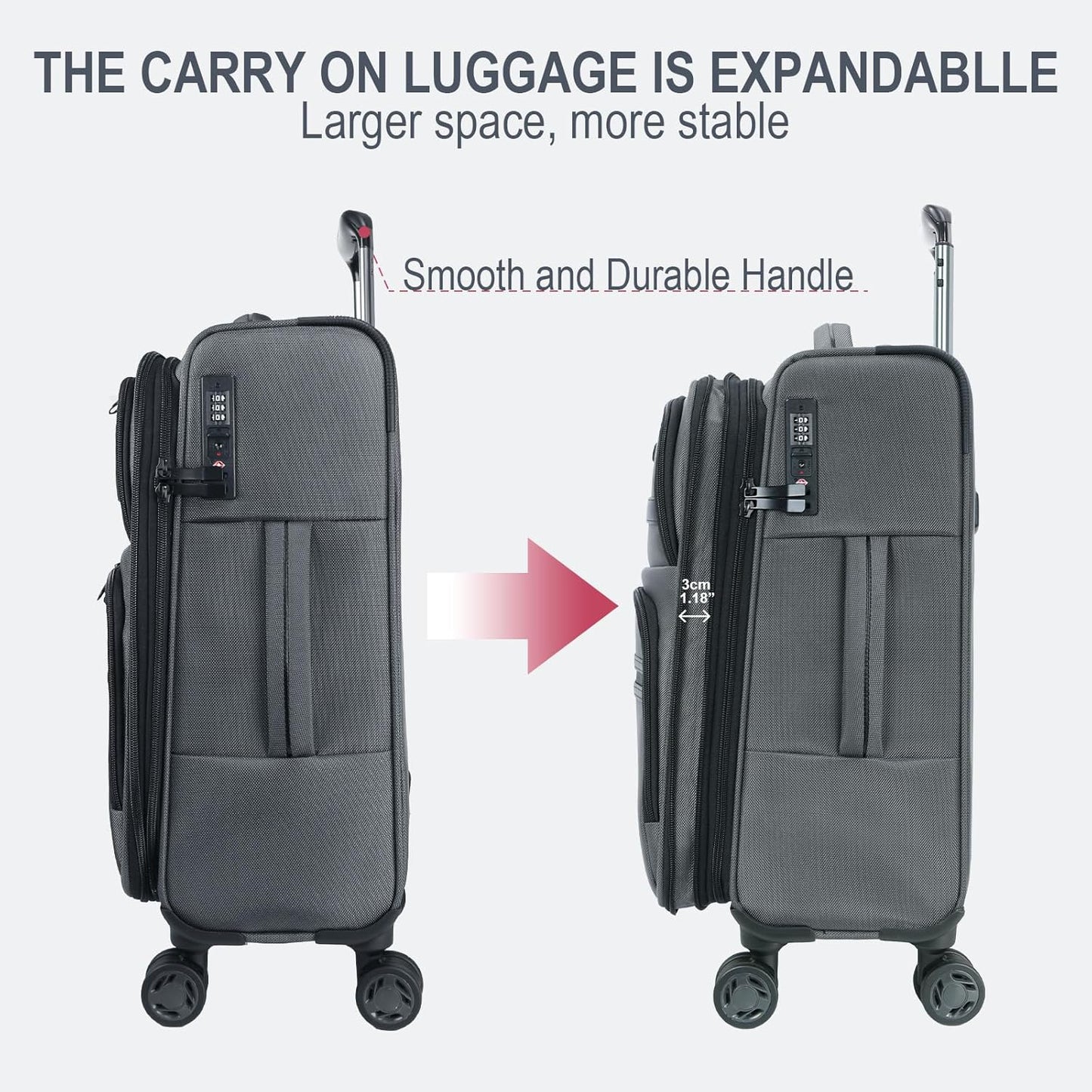 KROSER Softside Expandable Carry On Luggage with Spinner Wheels & Built-in TSA Lock, Durable Suitcase Rolling Luggage with USB Port, Carry-On 20-Inch, Grey