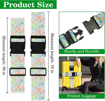 Luggage Straps for Suitcases TSA Approved, Luggage Identifiers for Suitcase, Adjustable Suitcase Strap for Baggage Security with Cute Patten, Travel Necessary Accessories (Travel Stamps)