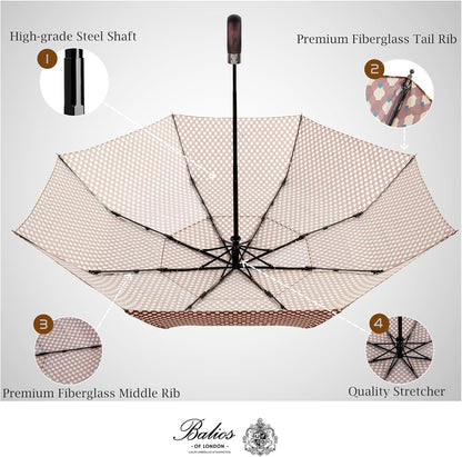 Balios Travel Folding Umbrella with Real Wood Handle Auto Open Close Vented Windproof Canopy - Designed in UK