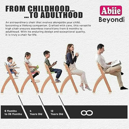 Abiie Beyond Junior Wooden High Chair with Tray - Adjustable and Convertible High Chair for Babies and Toddlers - 6 Months to 250 Lb - Water Resistant - Natural Wood/Blueberry Cushion