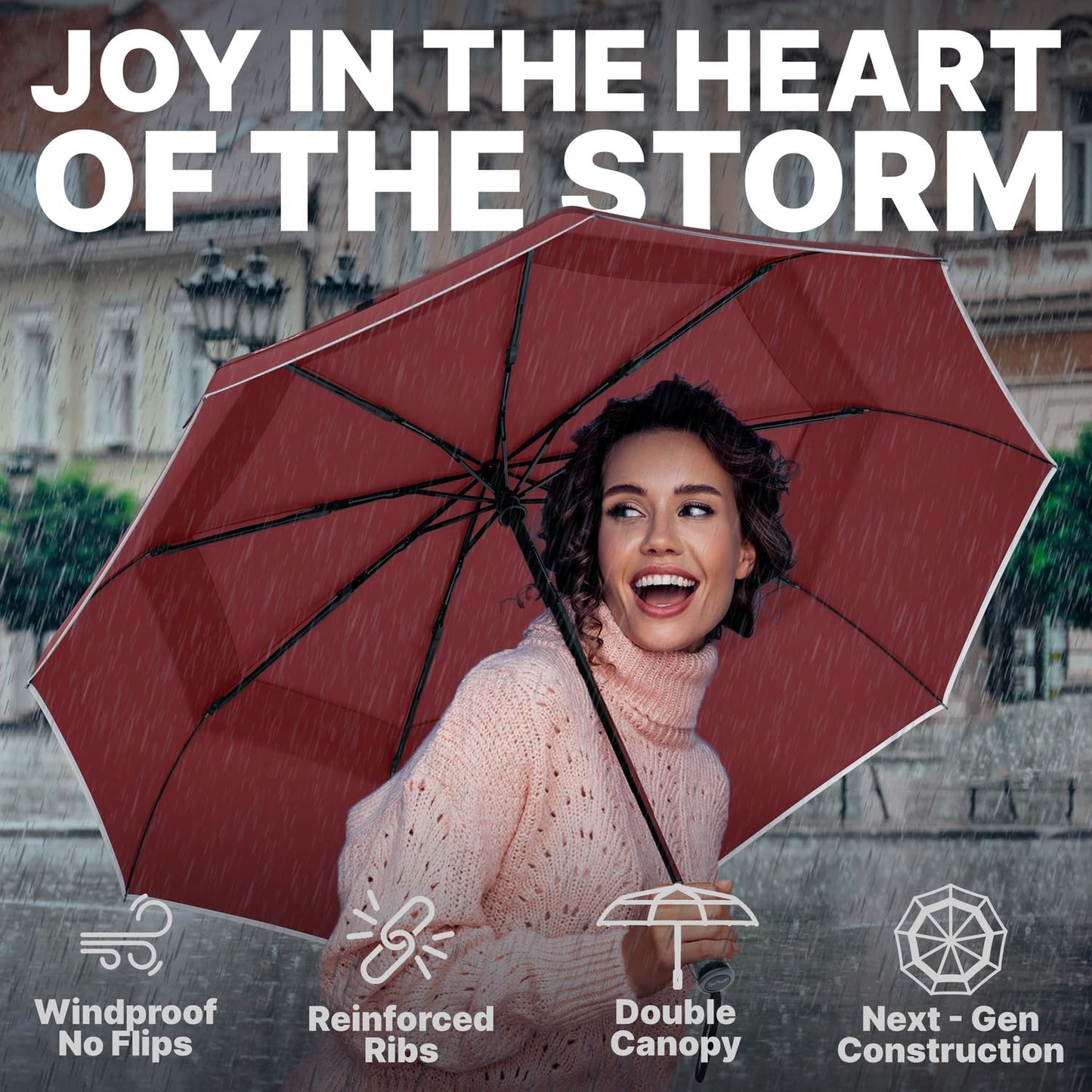 Royal Walk Windproof Folding Travel Umbrella Compact and Strong Luxurious Real Wood Handle Automatic Open Close Vented Double Canopy for Men and Women
