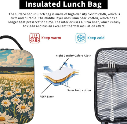Daisy Flower Lunch Box for Kids Aldults, Nature Floral Reusable Thermal Insulation Cooler Tote Bags, Meadow Wildflower Field Insulated Bag for Student, School Picnic Camping Travel, Gifts