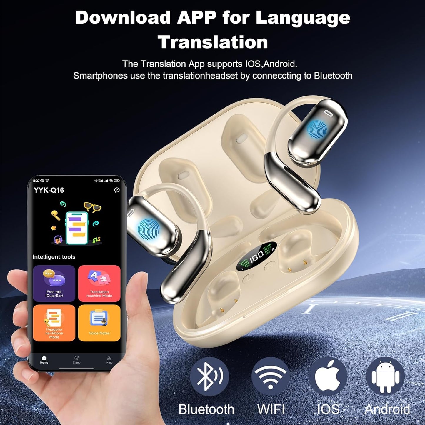 AI Language Translator Earbuds Real Time, 3-in-1 Translation Earbuds 134 Languages & Accents and Long Battery Life, HF Sound, Spanish/English Audífonos Traductores for Travel Business Learning, Beige