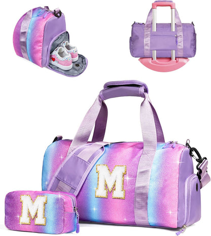 Gifts for 3 4 5 6 7 8 9 10 Year Old Girls-Girl Gym Bag with Shoe Compartment, Kid Personalized Weekender Overnight Bags, Initial Travel Tote with Makeup Pouch, Graduation Gift (Letter M)