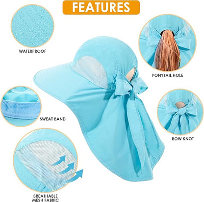 Womens Sun Hat UV Protection, Foldable Waterproof Wide Brim Bucket Hats with Neck Flap for Summer Beach Fishing Hiking