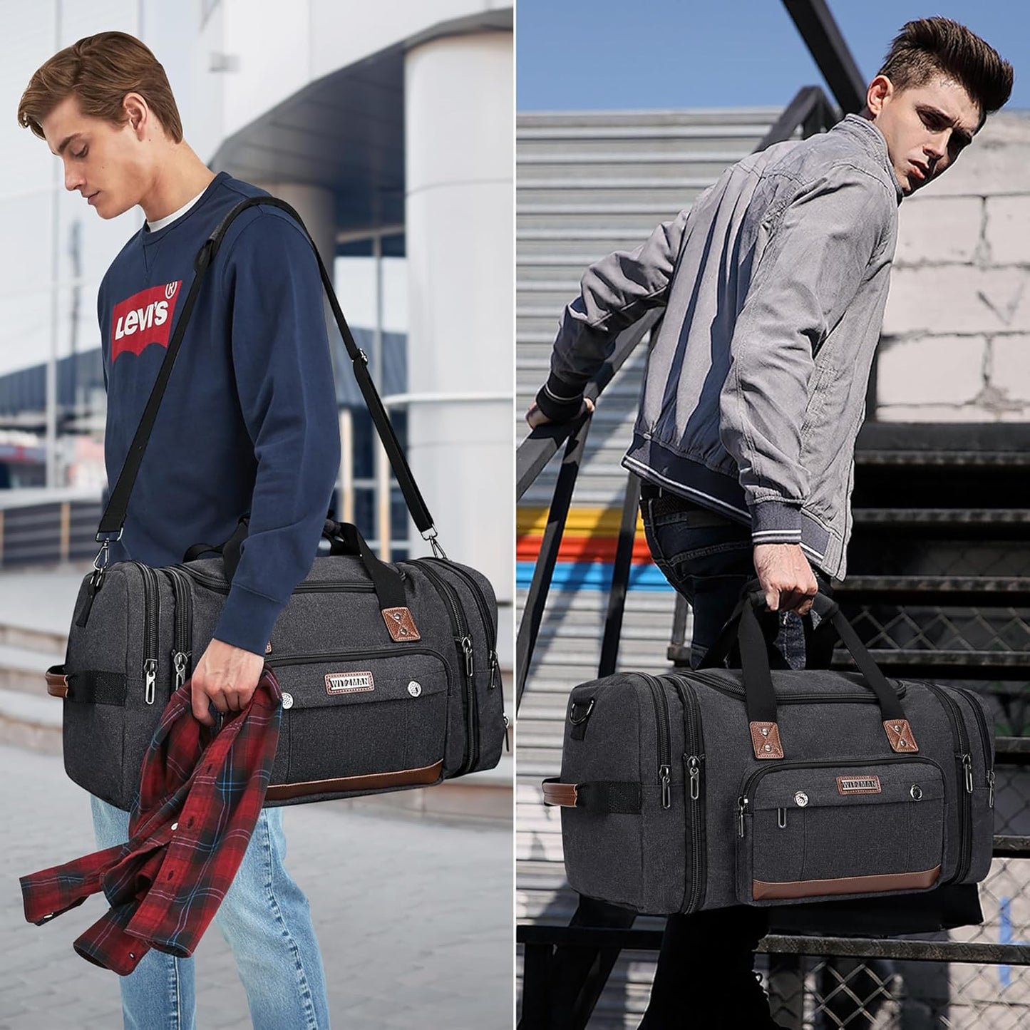 WITZMAN Mens Duffle Bags for Traveling Canvas Weekender Travel Bag Expandable Overnight Bag Carry on Bag(A8007 Black)