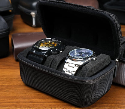 Hard Compact Watch Roll travel case, 2 Slots Portable holder and Organizer with Soft Pillow, keep watch from moving(fit up to 55 mm)