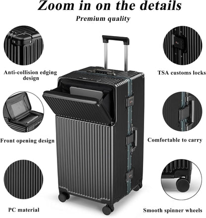 feilario 30in Super Large Captain Aluminum Frame Hardside Spinner Wheels Luggage, Zipperless Checked Suitcase with Front Compartment/Cup Holder/Phone Holder