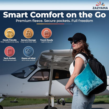 3-in-1 Travel Blanket Airplane – Compact with Bag & Pillow Combo Set, Ultra-Soft Fleece | Packable Blanket Compact | Hidden Pocket | Trolley Sleeve | Carabiner | Travel Essentials (Aqua Teal)