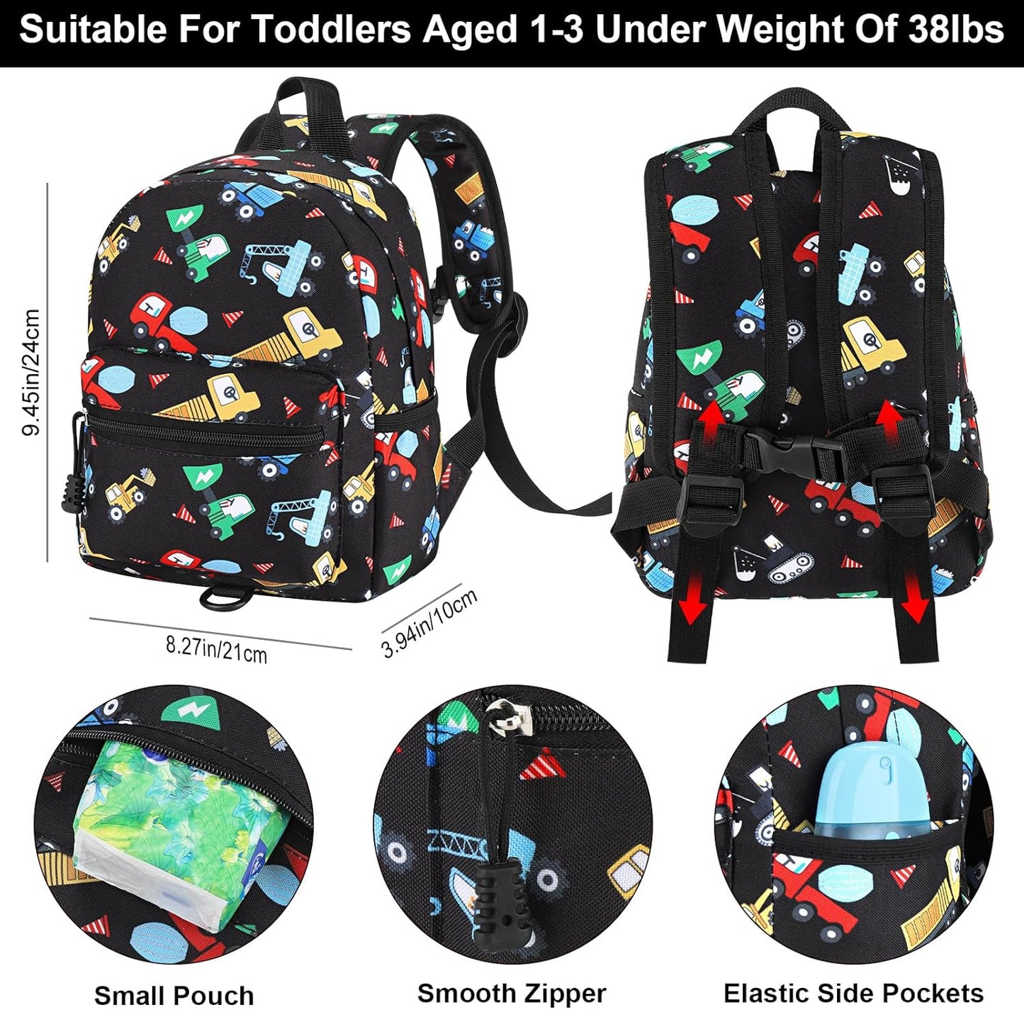 Accmor Toddler Harness Backpack Leash, Cute Excavator Kids Backpack with Anti Lost Wrist Link for Outdoor Walking, Mini Black Child Backpack Wristband Tether Leashes for Boys Girls Aged 1-3 Years Old