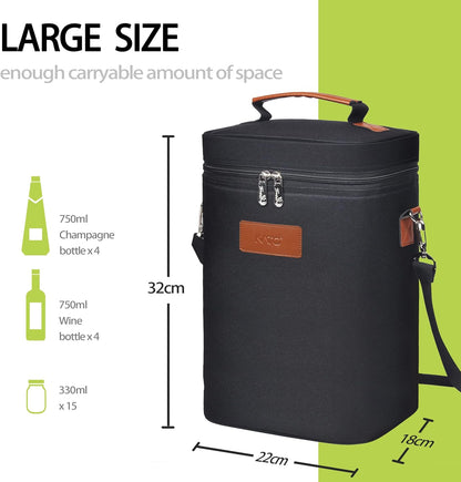 Tirrinia 4 Bottle Wine Gift Tote Carrier - Leakproof & Insulated Padded Versatile Wine Cooler Bag for Travel, BYOB Restaurant, Wine Tasting, Party, Dinner,Gift for Wine Lovers, Black