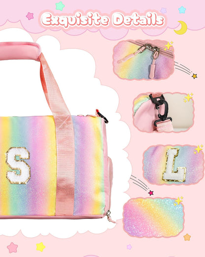 Easter Gifts for Teens Girls-Girl Gym Bag with Shoe Compartment, Kid Personalized Weekender Overnight Bags, Initial Travel Tote with Makeup Pouch, Gift for 3 4 5 6 7 Year Old Kids (Letter T)