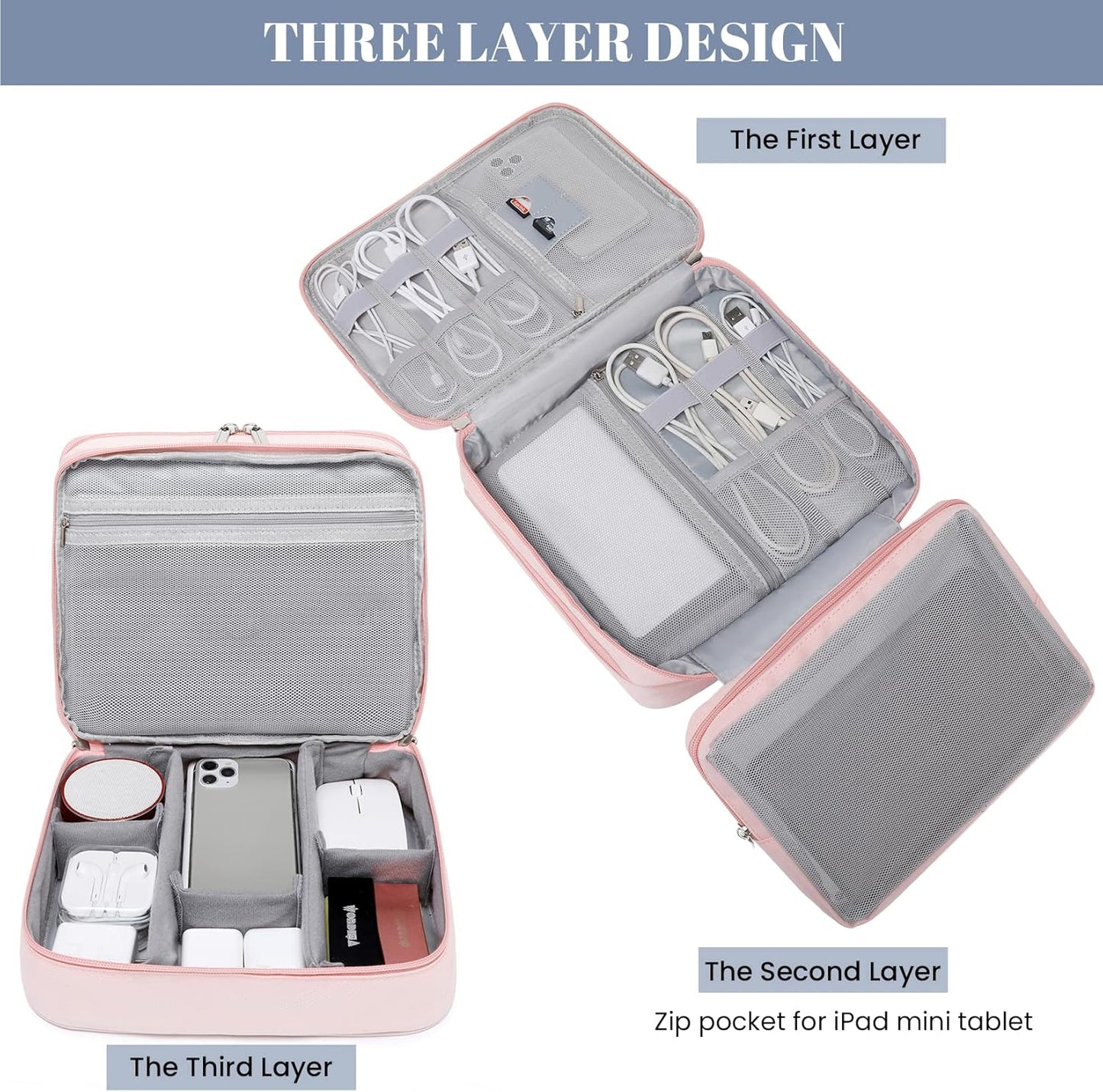 mygreen Travel Electronics Organizer, Waterproof Cable Organizer Bag for Electronic Accessories Triple Layer Large Shockproof Cable Storage Bag for Cord, Hard Disk, Power Bank, Tablet Aqua Sky