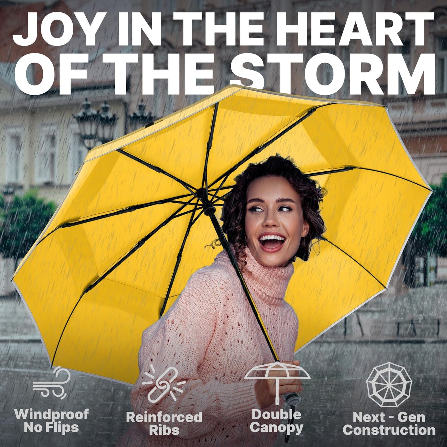 Royal Walk Windproof Folding Travel Umbrella Compact and Strong Luxurious Real Wood Handle Automatic Open Close Vented Double Canopy for Men and Women