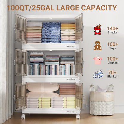 BROVIEW 500Qt Stackable Storage Bins with Lid, Extra Large Closet Organizer Collapsible Drawer Boxes with Wheels, Folding Plastic Cabinet Containers for Home Kitchen Room Organization, 5Pack White