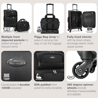 U.S. Traveler Lightweight Rolling 20" Carry On Luggage Softside Suitcase, Black, 4 Wheel