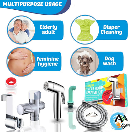 Handheld Bidet Sprayer for Toilet - Triple Mode Spray: Cloth Diaper Washer, Jet Spray & Gentle Stream | Premium Adjustable Hose Sprayer Attachment for Muslim Shower Shattaf | Portable Bidet Included