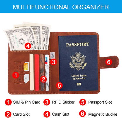 Passport Holders, RFID Blocking Credit Card Holder, PU Leather Passport Holders for Travel with Magnetic Buckle, Travel Must Haves Cruise Ship Essentials for Men, Women (Brown)