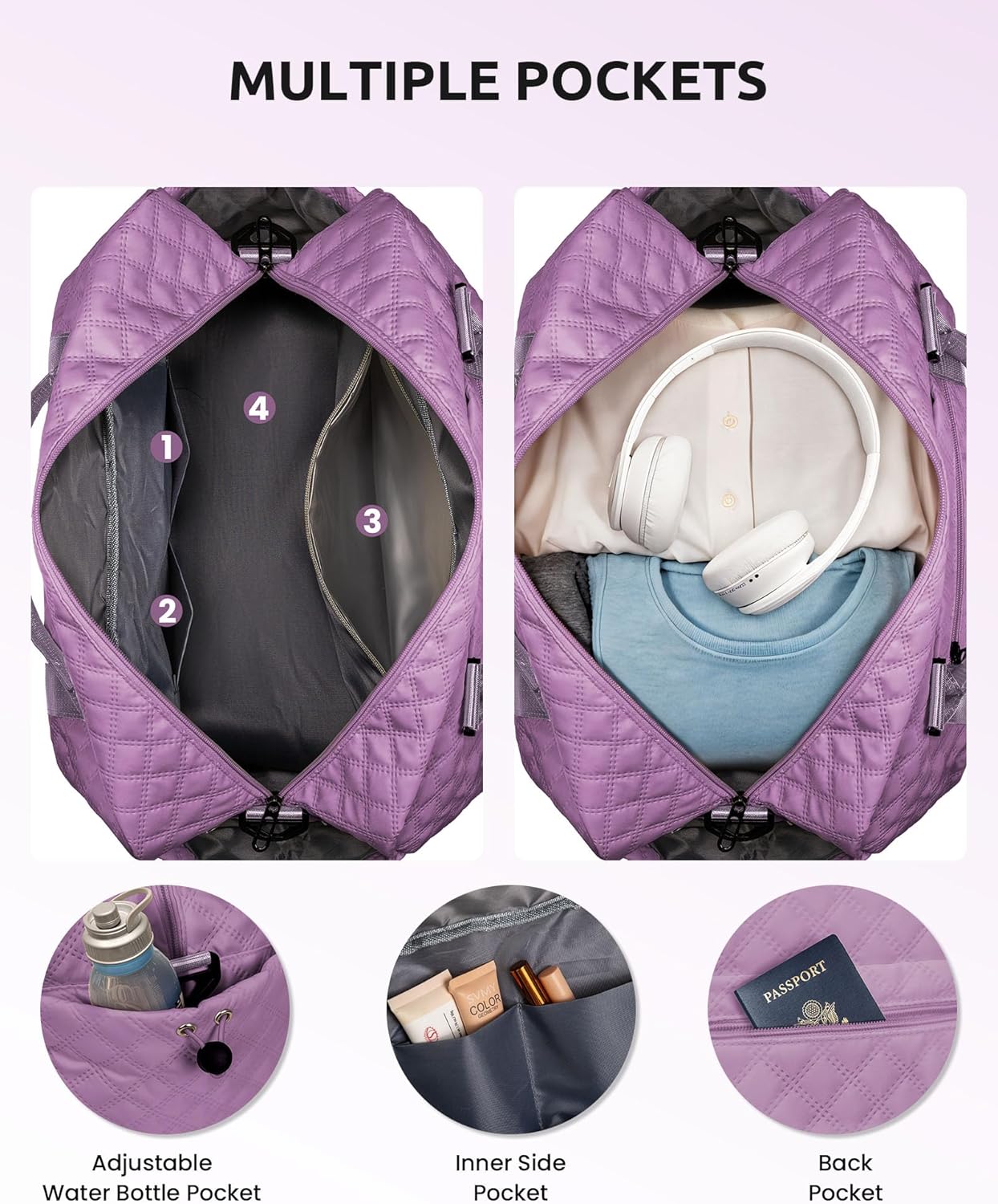 Duffle for Women with Shoe Compartment, Personalized Weekender with Shoulder Strap, Overnight Bag with Trolley Sleeve & Wet Pocket, Travel Bag with Makeup Bag (Letter E)