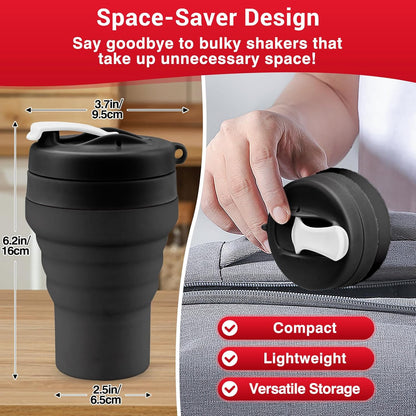 Collapsible Protein Shaker & Water Bottle Food-Grade, Leakproof Lid 600mL/20oz Shaker Cup - Reusable Silicone Shaker Cups for Protein Shakes with Mixing Ball for Gym-goers & Travelers
