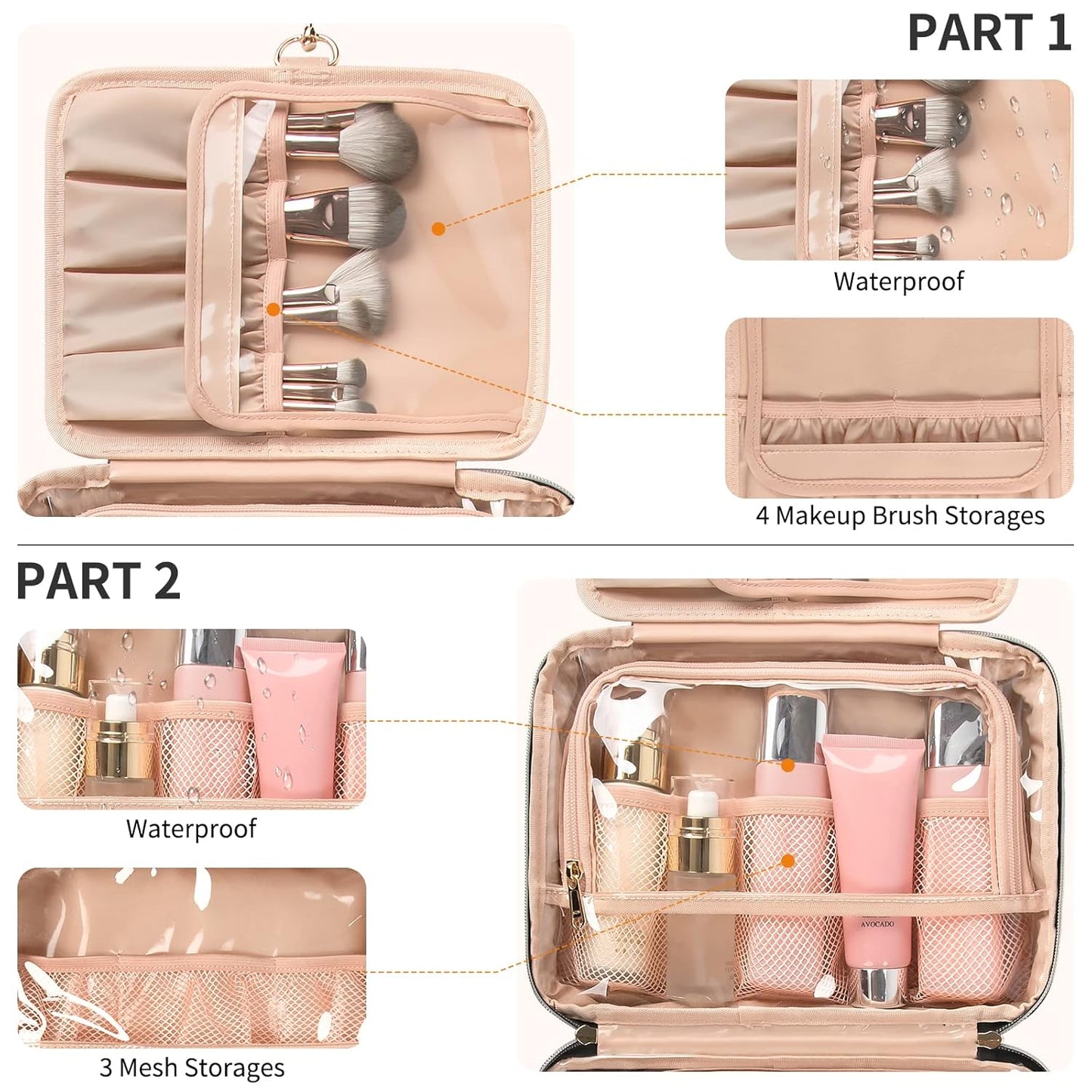 CUBETASTIC Hanging Travel Toiletry Bag, Portable Travel Makeup Bag with Handle, Waterproof Nylon Cosmetic Organizer Pouch with 360° Hanging Hook (B#-Black, Medium(Pack of 1))