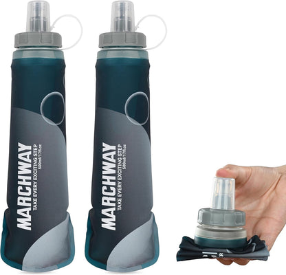 MARCHWAY Soft Hydration Flask with Wide Mouth, 300ml/500ml Collapsible TPU Water Bottle, Leakproof Portable Flexible for Running, Hiking, Cycling, Climbing, Gym, Travel (2pcs Blackish Green 500ml)