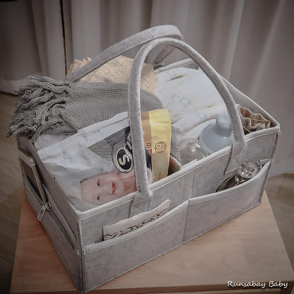 Runsabay. Nursery Basket-Baby Diaper Caddy Organizer for Changing Table-Portable Holder Tote Bag-Car Organizer with Removable Divider-Best Shower Gift Basket for Newborns Registry- Grey & Large Size