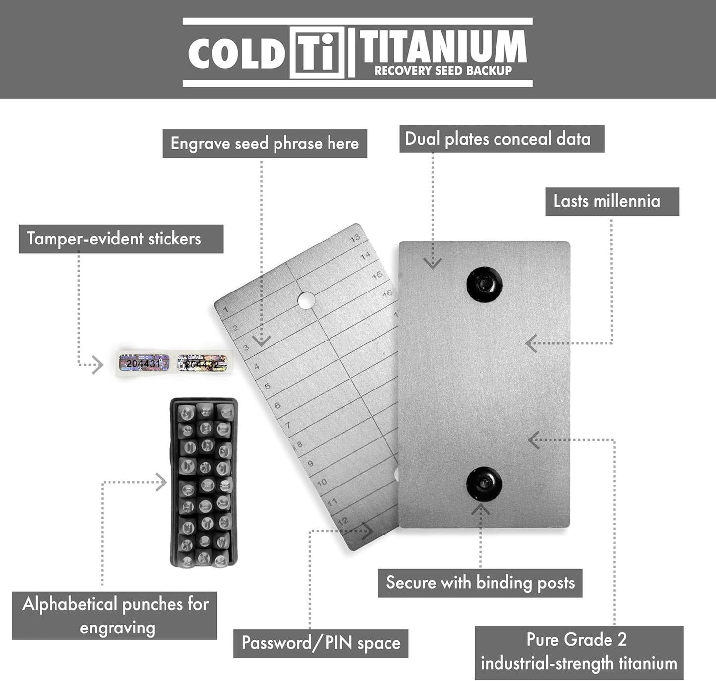 ColdTi - Titanium Bitcoin Seed Plates for Ultra-Secure Crypto Seed Phrase Storage (2 Plates, Punch Set & Seals) - Premium Seed Phrase Metal - Alphabetic Punch Set Included
