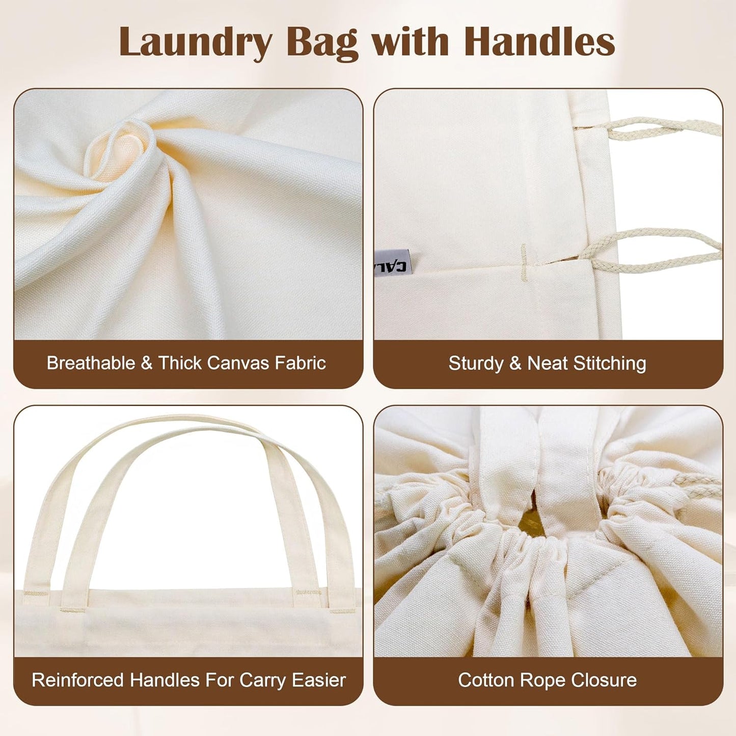 Canvas Laundry Bag with Handles & Drawstring Closure 27.5”x35", Thick Cotton Laundry Bag Heavy Duty Washable Dirty Clothes Travel Sack for Camp, College Dorm, Laundromat (Beige L, 2 Pack)