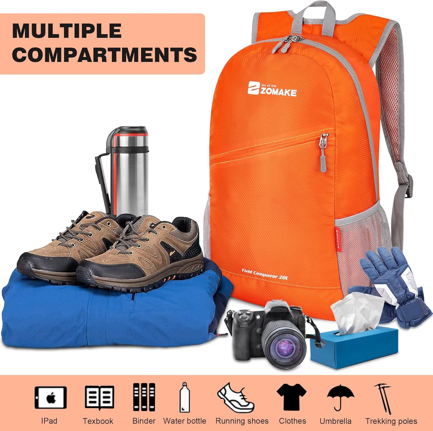 ZOMAKE Lightweight Packable Backpack 20L, Foldable Backpacks Small Daypack for Hiking Water Resistant Day Bag for Travel